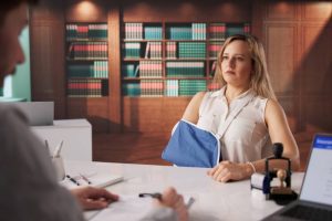 Injured Worker Consulting Attorney Over Compensation Claim Papers At Workplace