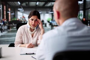 Unhappy Man Consults Lawyer For Workers' Compensation Case Meeting.